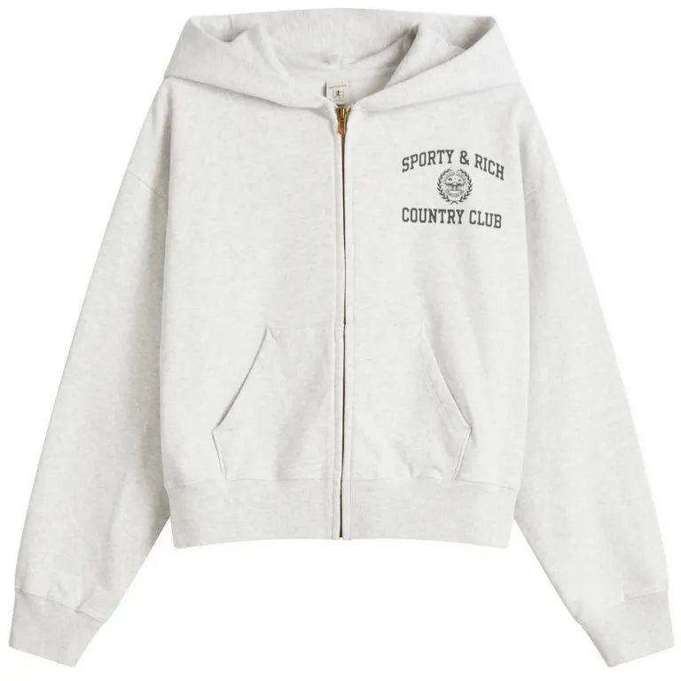 Varsity Crest Cropped Zip Hoodie - Heather Grey