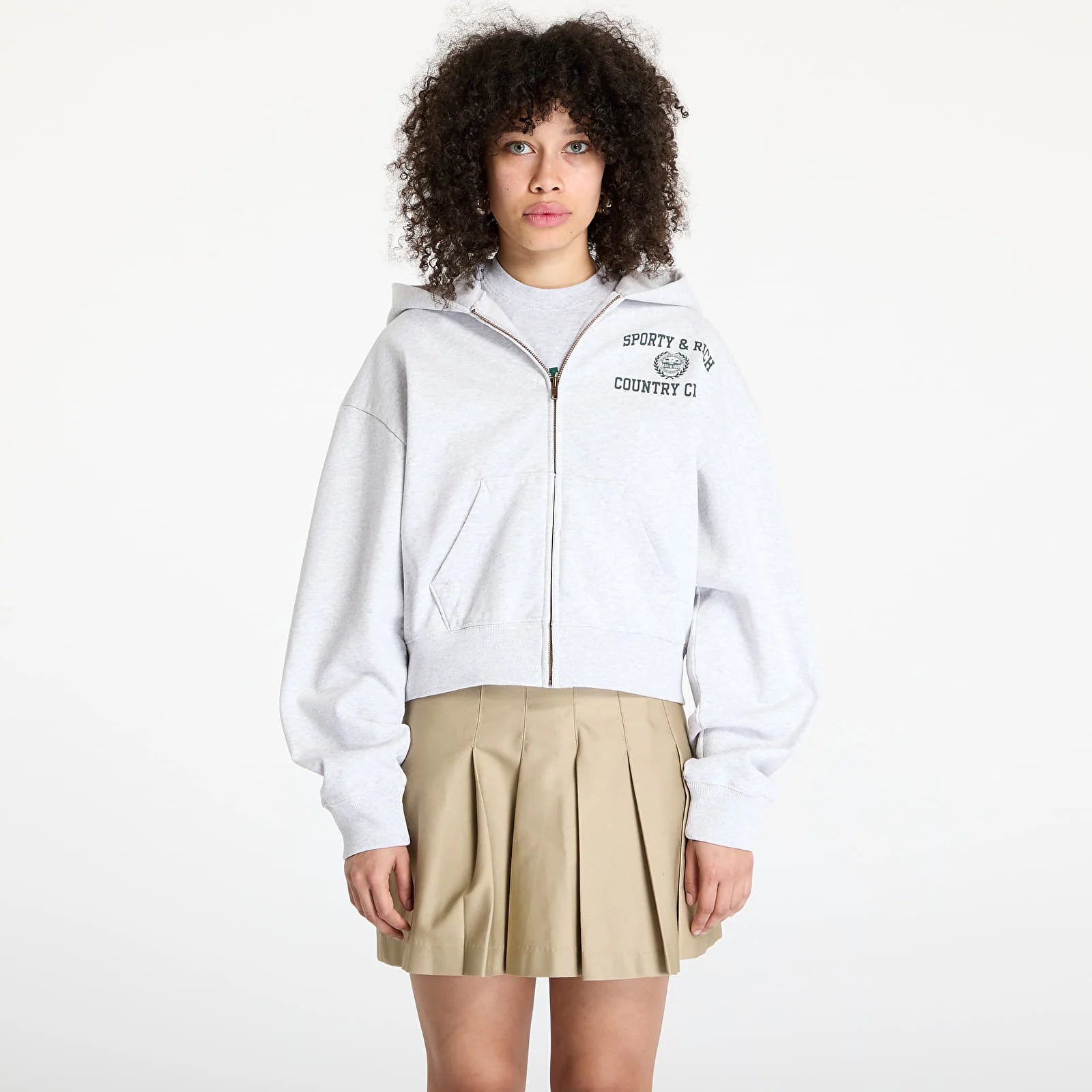 Varsity Crest Cropped Zip Hoodie - Heather Grey