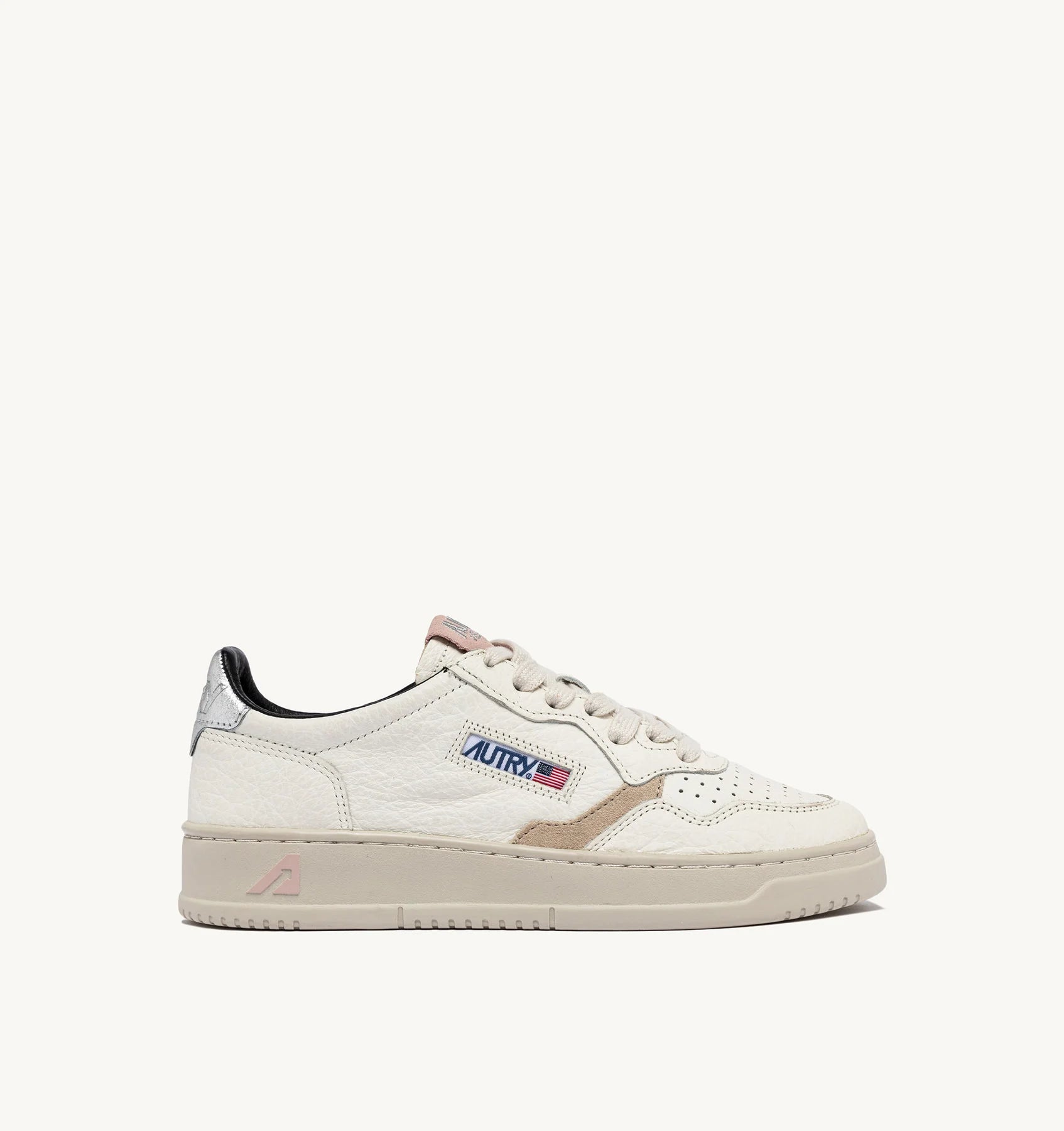 Medalist Low Sneakers in White Textured Leather with Silver and Pink Details