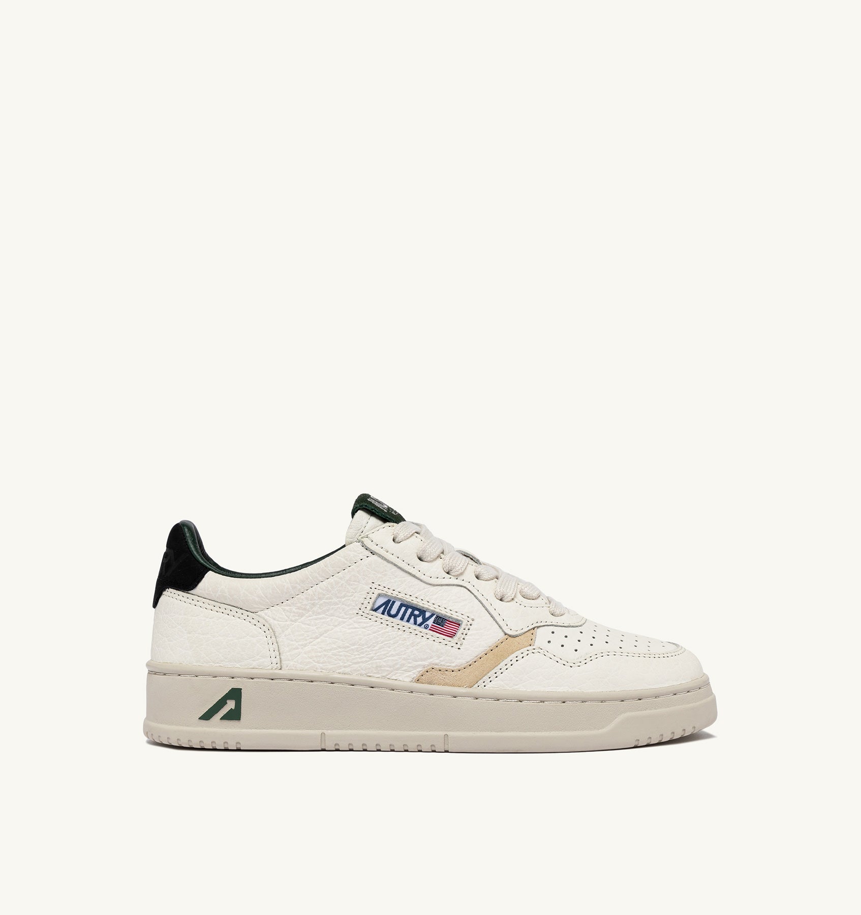 Medalist Low Sneakers In White Textured Leather With Green Black And Beige Details