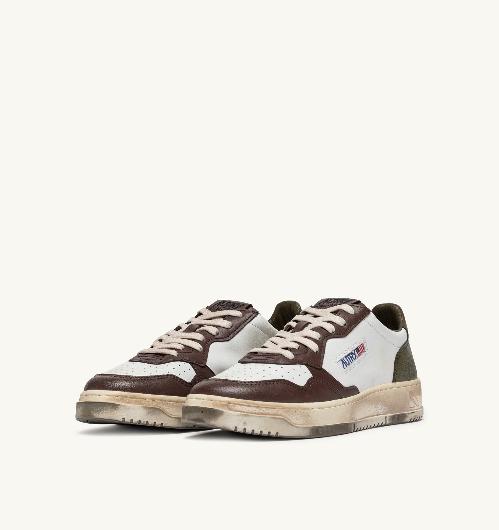 Medalist Low Super Vintage Burn Sneakers in White, Brown and Military Green Leather