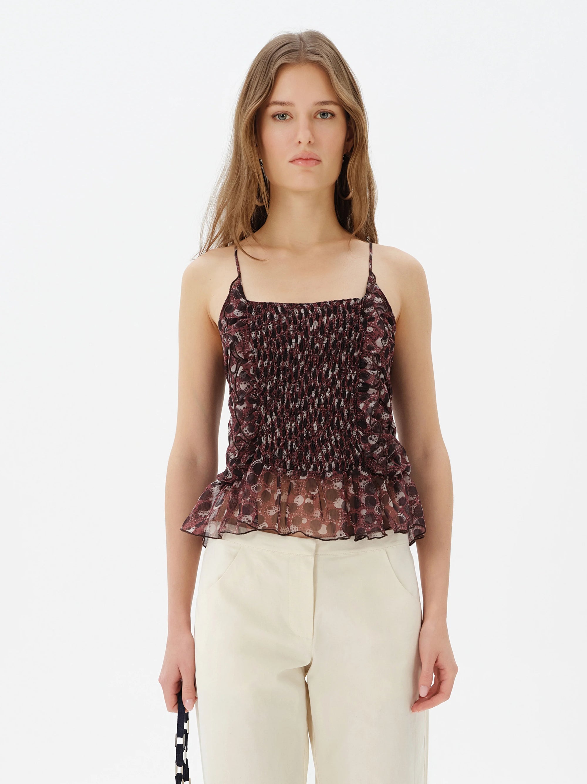 SVETINI  Ruched polka-dot ruffled top