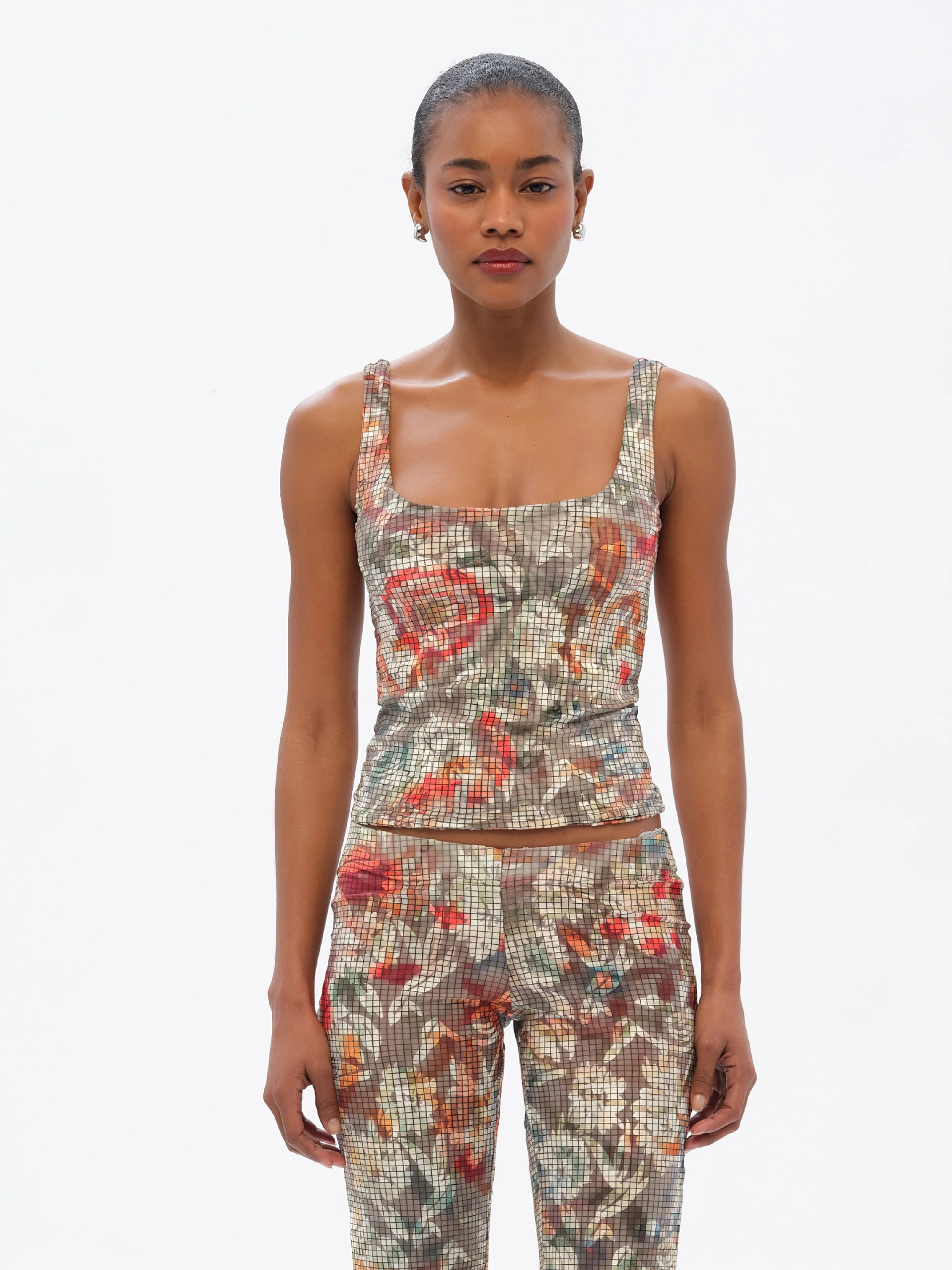 CALI  Floral-print square-neck devoré tank top